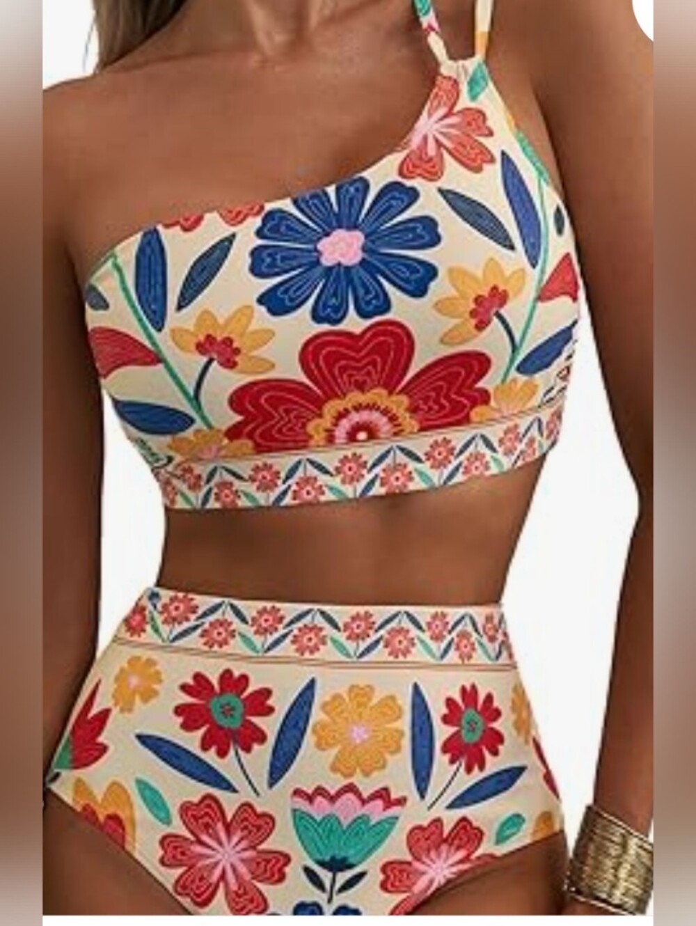 Floral One-Shoulder High-Waist Bikini Set - Cream Multicolor